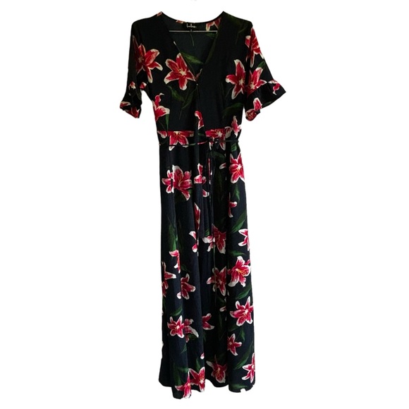 Lulu’s Stargazer Lily Navy Blue Floral Print Maxi Wrap Dress Size Med - Picture 2 of 8